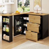 Tavolo da Bar con 3 Cassetti e 5 Ripiani, Piano Girevole ed Estensibile, per Cucina e Soggiorno, Nero, 138-204×39×104 cm
