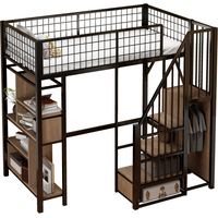 Hochbett Einzelbett mit Stauraumtreppe, Regalfächern und Stauraum 90×200 cm, ohne Matratze, Schwarz