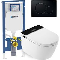 Mizubath - Set WC giapponese sospeso Rada nero - Risciacquo ad acqua - Asciugatura ad aria - Modulo Geberit Duofix 8 cm - Placca comando doppio nero