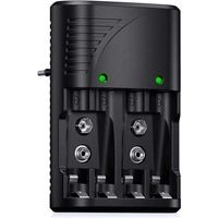 Universel Chargeur de Piles AA/AAA/9V, Rapide Chargeur 6802 pour AA/AAA NI-MH ou 9V Piles Rechargeables avec Indicateur LED, 100-240V Tension Mondiale, Ensoleillé