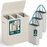 VOUNOT 170L Laundry Basket with Lid, Foldable Hamper with Removable Bag, Beige
