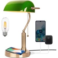 JCPYIUL grüne Glas Banker Schreibtischlampe retro kabellos aufladbar mit USB A und Type C Zugkettenschalter
