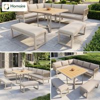 HOMAIRE Garten-Lounge-Set pour 8-10 personnes avec canapé, grand table en bois synthétique à grain de bois, structure en corde, pieds réglables et coussins de siège et de dossier inclus