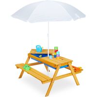 Relaxdays – Table de jardin pour enfants en bois avec 2 bacs à sable et eau – Parasol ajustable – Dimensions 49 x 86 x 92,5 cm – Pour 4 enfants