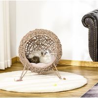 Cuccia per Gatto in Rattan PE Marrone su Struttura Metallica, Cuscino in Velluto, Piedi Rialzati