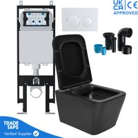 Square Black Wall Hung Toilet Pan with VIVA Slim Concealed Cistern Frame 1.14-1.35m & Gloss White flush Plate
