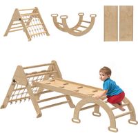 Triangle d'escalade enfants 8-en-1, rampe double face, arc bois naturel avec toboggan et échelle, jouet Montessori motricité