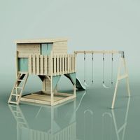 PolarPlay Garden Climbing Platform and Playhouse with Double Swing for Kids - Nils with Trapeze Mint Green