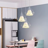 Lampes Suspension Vintage Lustre Suspension Abat-jour Métal et Tissu 3 Lumières Forme Dimant de Cage - Blanc