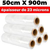 Europalamp – Lot de 6 rouleaux film étirable transparent 50cm x 900m – Épaisseur 23 microns – Résistance élevée à la traction – Pour protection colis et palettes