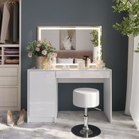 Coiffeuse Sherry, blanc/blanc brillant, 119.8cm avec miroir LED et tabouret, Vicco