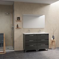 SUKI 120 Meuble double vasque avec six tiroirs, effet Anthracite brillant Il comprend la vasque en céramique. (Sans miroir)