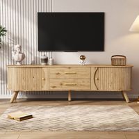 Meuble TV forme pois avec rainures verticales, 2 portes coulissantes + 2 tiroirs, pieds en bois massif, aspect bois, MDF, style scandinave moderne