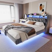 Polsterbett 180×200 cm, Doppelbett mit LED Verstellbar, USB, Typ C, Steckdosen und Klappbares Kopfteil, ohne Matratze, Grau