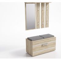KATHI - Mueble de entrada con espejo + banco - 35x85x180 cm - Banco zapatero - 6 ganchos - Guardarropa