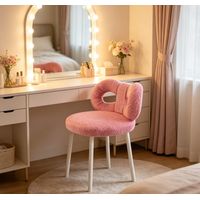 WILITTO Tabouret Design Moderne Rose - Tissu Pelucheux, Capacité 150kg, Pieds en Métal Blanc, pour Coiffeuse et Salon, 37 x 37 x 67 cm