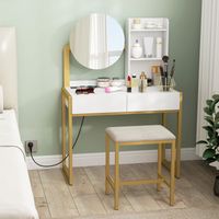 Coiffeuse avec Miroir et Tabouret Rembourré Station de Charge 2 Tiroirs 3 Étagères pour Chambre Blanche