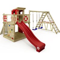 Tour de jeu Wickey Smart Surf en bois avec toboggan ondulé 220 cm – Module d’escalade et balançoire – Résistant aux intempéries