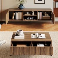 Set 2 Wohnzimmermöbel, TV-Schrank und Couchtisch mit Offenen Fächern und Schubladen, MDF Natur