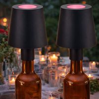 RGB LED Tischlampe Akku Flaschenleuchte Flaschenhals Aufsatz Dekolampe Touchdimmer, USB, schwarz, 1W kaltweiß, DxH 10,5x14 cm, 2er Set