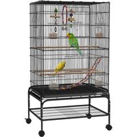 Gabbia per Uccelli con Area Gioco, Ruote, Vassoio Estraibile e Mensola, 64x45x110 cm, Nero