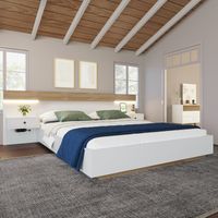 Ensemble chambre à coucher complet chêne sonoma/blanc : lit double 160x200 cm avec 2 tables de nuit LED et ports USB-C, dimensions 205x264x90,5 cm (P/L/H), sans matelas, bois design moderne