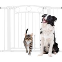 Barrière pour animaux de compagnie, hauteur 77 cm, largeur ajustable 76-104 cm, avec chatière, pour escaliers et ouvertures de porte, Blanc