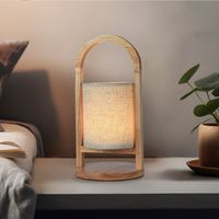 Lampada da tavolo lampada da tavolo lampada da comodino con touch dimmer lampada da soggiorno, tessuto legno beige, batteria, 1x LED 100Lm 3000K bianco caldo, H 32 cm
