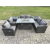 Fimous 6-Sitzer Rattan Gartenmöbel Set Propan Gas Feuergrube Tisch und Sofa Stuhl set mit 2 Beistelltischen
