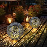 Solarlampe Hängeleuchte Gartendeko LED Garten rund Außenleuchte Tisch Kugeldesign, Kunststoff schwarz silber, 1x LED, DxH 18x17 cm, 2er Set