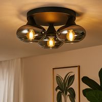 Lampe de plafond verre fumé lampe de salon plafonnier rond boule de verre chambre à coucher, métal noir, 3x E14, DxH 39x15 cm