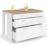Idmarket – Ilot central mange-debout 120 cm – Casserolier 6 tiroirs – Structure en panneaux de particules – Plan de travail bois clair