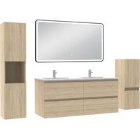 Acezanble Meuble salle de Bain 120cm avec colonne + miroir mural lumineux 3 couleurs Chêne Wotan