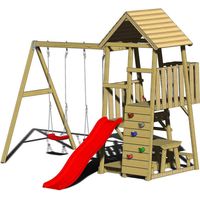 Wendi Toys Tour de jeux en bois Flamingo avec toboggan, mur d'escalade, 2 balançoires & table de pique-nique Nature 280x340x270 cm