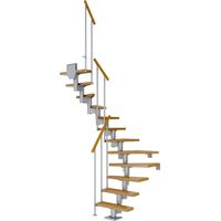 Dolle Mittelholmtreppe Dublin 1/2 gewendelt aus Eiche lackiert 61 cm breit für GH 222–270 cm UK Metall Perlgrau mit Einzelstabgeländer