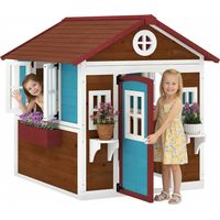 Outsunny casa de jardín infantil casa de madera para niños con puerta ventanas jardineras y soportes de flores 114x126,4x135 cm marrón oscuro