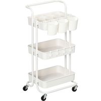 Chariot de cuisine multifonctionnel à 3 niveaux avec paniers et crochets amovibles, étagère avec 12 séparateurs, blanc