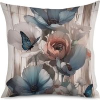 Housse de coussin imprimé bois gris et fleurs blanches