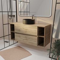 meuble de salle de bains 120 cm timber - décor chêne, 2 tiroirs, vasque noire à poser