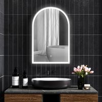 Miroir de salle de bain LED 90 x 60cm, mural, 3 couleurs, arqué cadre en aluminium, désembuage et interrupteur tactile