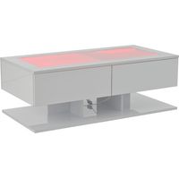 Table basse 100 x 50 x 35 cm, table de salon brillante avec tiroirs, table basse avec lumière LED, plateau en verre, blanche