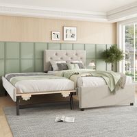 Lit beige en velours minimaliste 90x200cm avec sommier intégré et tiroir coulissant (sans matelas)