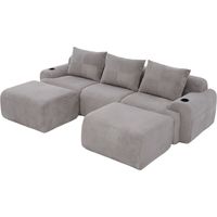 Modulares Cordsofa für 3 Personen (mit 2 Hockern), frei kombinierbar, inklusive Getränkehalter und seitlicher Aufbewahrungstasche, ideal für Wohnzimmer, Familienzimmer und weitere Räume.Hellgrau