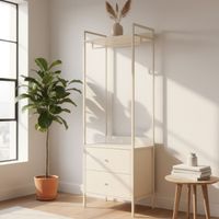Dressing ouvert beige bois et métal avec tiroirs