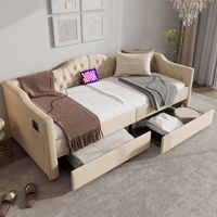 Divano letto imbottito 90x200 cm con 2 cassetti e presa USB Type C, velluto beige, senza materasso