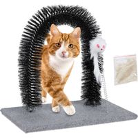 Relaxdays Scratching Arch for Cats, Deshedding Massage & Fur Care Stand, with Catnip and Toy Mouse, Grey