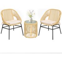 Ensemble Bistro Salon de Balcon 3 Pièces 2 Fauteuils Confortables et Table en Verre Trempé Coussins Déhoussables Beige