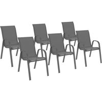 Idmarket – Lot de 6 chaises de jardin empilables en métal et textilène gris anthracite – Assise souple et structure robuste – Accoudoirs pour confort