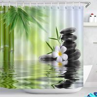 Spa Rideau de Douche avec des Crochets,180 x 180 cm Pierres Noires Orchidées Bambou Eau À Motifs Rideau de la Salle de Bain Résistant à l'eau Anti-moisissure Lavable Tissu ePolyester