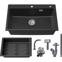 CECIPA MAX Granitspüle 70 × 45 cm Küchenspüle Granit mit Abtropfkorb, Aufsatz Spüle Küchenspülbecken, inkl. Siphon Ab- und Überlaufgarnitur